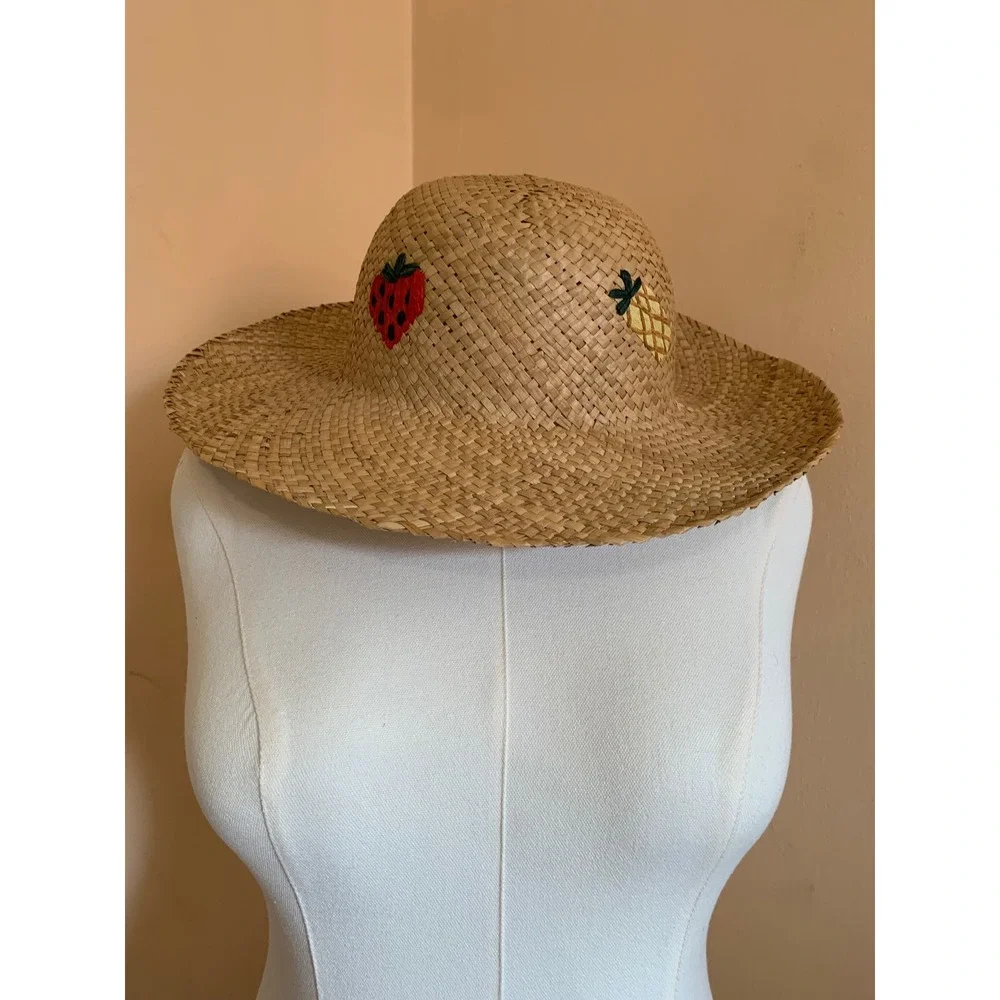 Vintage Fruit Embroidered 100% Straw Sun Hat Tan Wide Brim Beach